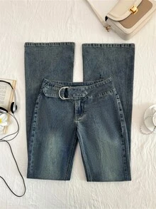 SHEIN CURVE+ Plus Size Women's Washed Vintage Distressed Flare Leg Denim Jeans - Dusty Blue - View 1