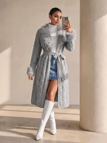 Xyvia Women's Autumn/Winter Heavy Beaded Fur Collar Belted Knit Cardigan Jacket, Premium Grey Twisted Cable Knit, Suitable For Shopping, Dating, Commuting, Party, Holiday - Grey - View 6
