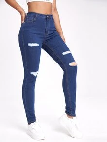 SHEIN EZwear 黑色斜口袋破洞緊身牛仔褲 - 藍色 - 查看 4