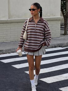 Muchica 女款 Polo 領半拉鍊長袖寬鬆運動衫，休閒極簡運動街頭風百搭派對機場 Y2K 上衣，棕色與藍色條紋學院風印花圖案，女款外套，秋季新品運動衫 - 彩色 - 查看 5