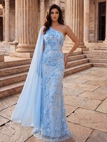 Coutiva Women's Asymmetrical Neckline High Waist Evening Dress - Blue - View 4