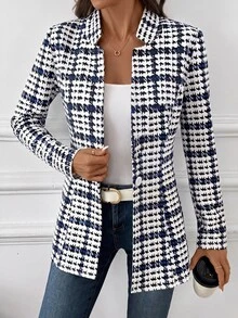 SHEIN Clasi 女款優雅格紋西裝外套，黑白棋盤格長袖夾克，秋季商務休閒辦公穿搭，經典千鳥格通勤外套 - 彩色 - 查看 6