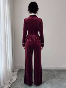 SHEIN Elenzya Women's Colorblock Pleated Long Sleeve Jacket And Pants Suit Set - Red - View 5