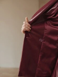Anewsta Women's Metal Button PU Blazer Long Sleeve Jacket & Shorts Set, Fashionable Minimalist, Daily Commute, Autumn/Winter Outfit, Modern Style - Burgundy - View 7