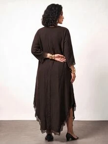 Truni Plus-Size Women's Round Neck Asymmetrical Hem Lace-Trimmed Brown Long Dress Apple,Rounded Body - Brown - View 2