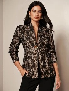 歐美新時尚百搭優雅極簡通勤女款西裝外套，金屬扣飾、純色、高級感無領設計 - 黑色 - 查看 1