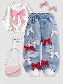 Celana Jeans Longgar Denim Biru Sobek dengan Hiasan Pita Merah Muda & Merah Lucu untuk Bayi Perempuan, Cocok untuk Sehari-hari & Streetwear, Gaya Y2K Chic Musim Gugur/Dingin - Biru - View 1