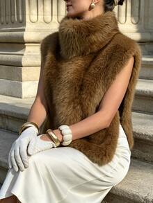 Pariaura New Winter Sleeveless Slimming Faux Fur Coat For Women - Brown - View 5