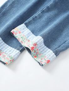 SHEIN 1pc Girls Casual Preppy Denim Straight Leg Floral Pants - Blue - View 4