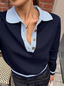 DAZY Women's Colorblock Pullover Sweater - Navy Blue - View 1