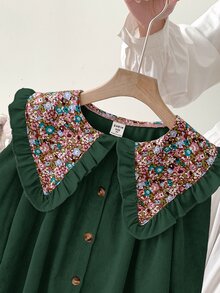 LMoss Kids 女童小女孩編織純色拼接花卉彼得潘領休閒洋裝 - 綠色 - 查看 7
