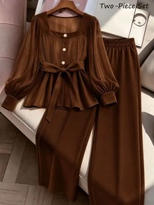 GlowEve CURVE Plus Size Women's Chiffon Long Sleeve Top & Wide Leg Pants Casual 2 Pieces Set Fall - Brown - View 4