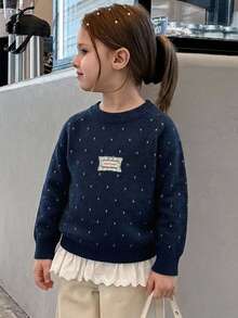 Hapijoa Young Girl Patchwork Ruffle Hem Long Sleeve Round Neck Cute Sweater - Navy Blue - View 2