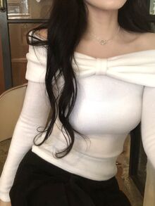 DAZY 女款韓式露肩蝴蝶結長袖T恤 - 白色 - 查看 4