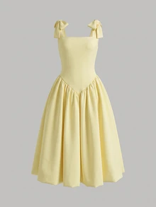 Kids Tween Girl Solid Color Sleeveless Dress With Shoulder Bow Decor - Yellow - View 3