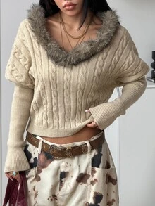 StreetHx Women's Loose Casual Cable Knit Heavy Collar Patchwork Pullover Sweater For Daily Commute - Khaki - View 5