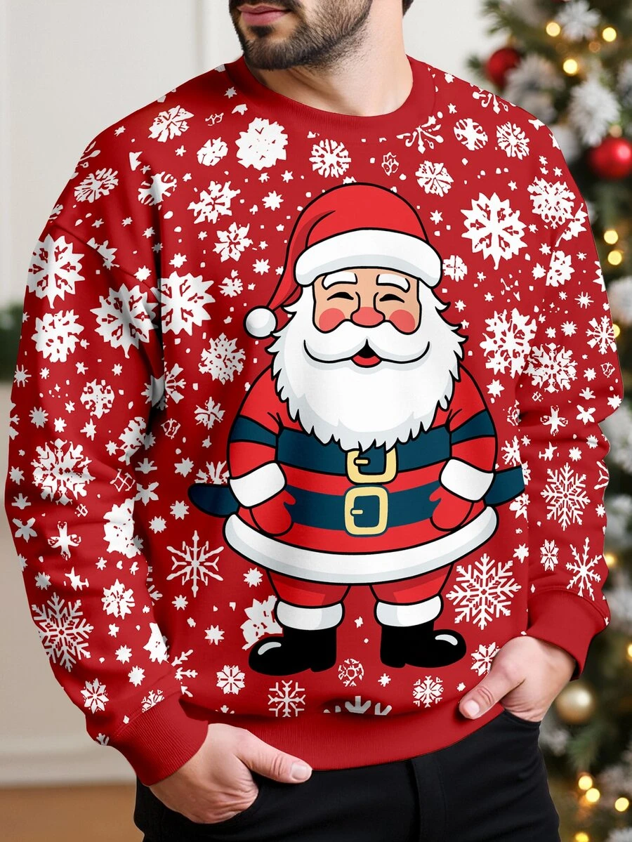 Manfinity Homme Herr sweatshirt med lång ärm, rund hals, snöflinge- och julmönster, avslappnat loungewear för helgen - Multifärgad - Visa 1