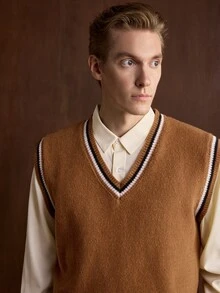 Manfinity CityGents Men's Striped V-Neck Casual Versatile Knit Vest - Brown - View 6
