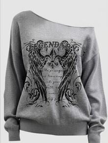 SHEIN EZwear 淺灰色龐克街頭印花女款露肩寬鬆休閒長袖衛衣 - 灰色 - 查看 1
