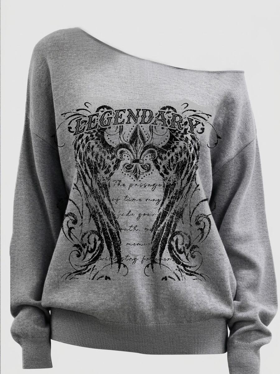 SHEIN EZwear 淺灰色龐克街頭印花女款露肩寬鬆休閒長袖衛衣 - 灰色 - 查看 1