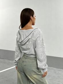 StreetHx Women's Gothic Text Rhinestone Short Zip-Up Hoodie Sweatshirt, Autumn/Winter - Light Grey - View 2