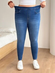 SHEIN CURVE+ Plus Size Women's Casual Daily Wear Denim Jeans With Pockets - Blue - View 1