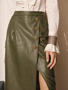 MOTF PREMIUM Rok Kulit Wanita Elegan untuk Komuter, Motif Kancing, Musim Gugur/Dingin - Olive Green - View 2