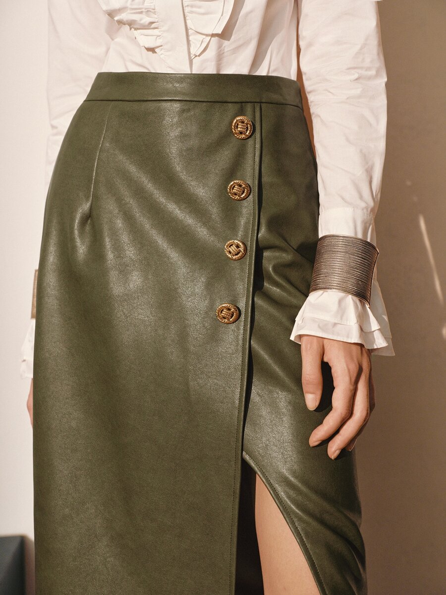 WOMEN'S ELEGANT FASHION COMMUTER BUTTON DECOR LEATHER SKIRT, AUTUMN/WINTER - Olive Green - View 2