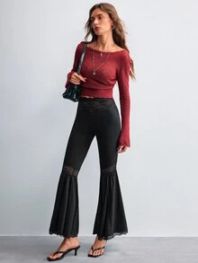 Willow Rêve Women's Black Knitted Flare Pants With Lace Trim - Black - View 7