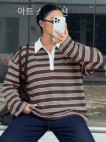 Dazy Plus 拼色拼接 Polo 領寬鬆條紋博主休閒風春夏新款 T 恤 - 棕色 - 查看 4
