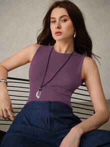 MOTF PREMIUM WOMEN'S SOLID COLOR ROUND NECK SLIM FIT CASUAL VERSATILE TANK TOP - Purple - View 7
