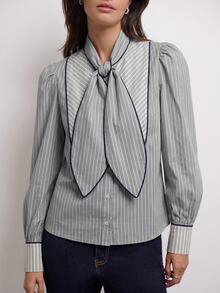 Nöista Women's Striped Ruffle Fashion Casual Long Sleeve Shirt - Blue - View 2