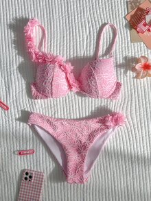 SHEIN Swim Vcay 女款 3D 花卉裝飾比基尼兩件式泳衣，附胸墊與鋼圈支撐 - 粉色 - 查看 4
