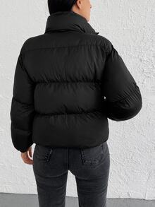 SHEIN Plus Slant Pockets Zip Up Solid Color Casual Padded Coat - Black - View 4