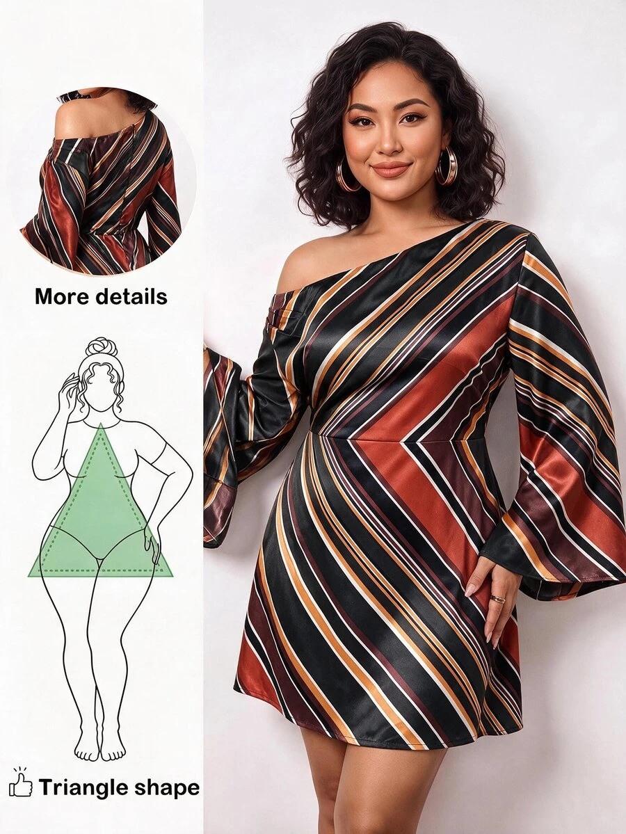 Truni Gaun Wanita Ukuran Besar dengan Garis-Garis Diagonal Bergaya, Bentuk Tubuh Buah Pir, Bentuk Tubuh Segitiga - MultiWarna - View 1