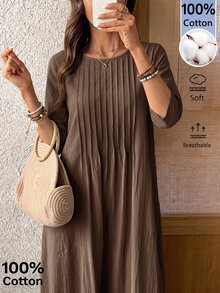 EMERY ROSE Women's Round Neck Mid-Sleeve Pleated Long Dress Coffee Brown Fall Casual - Brown - View 4