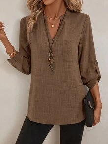 EMERY ROSE Women's Spring All-Over Print Notch Collar 3/4 Sleeve Blouse Work Shirt - Coffee Brown - View 5
