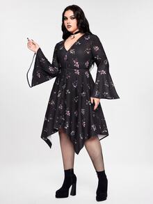 ROMWE Goth 大尺碼女款哥德風漸層花卉印花不對稱下擺喇叭袖洋裝 - 黑色 - 查看 4