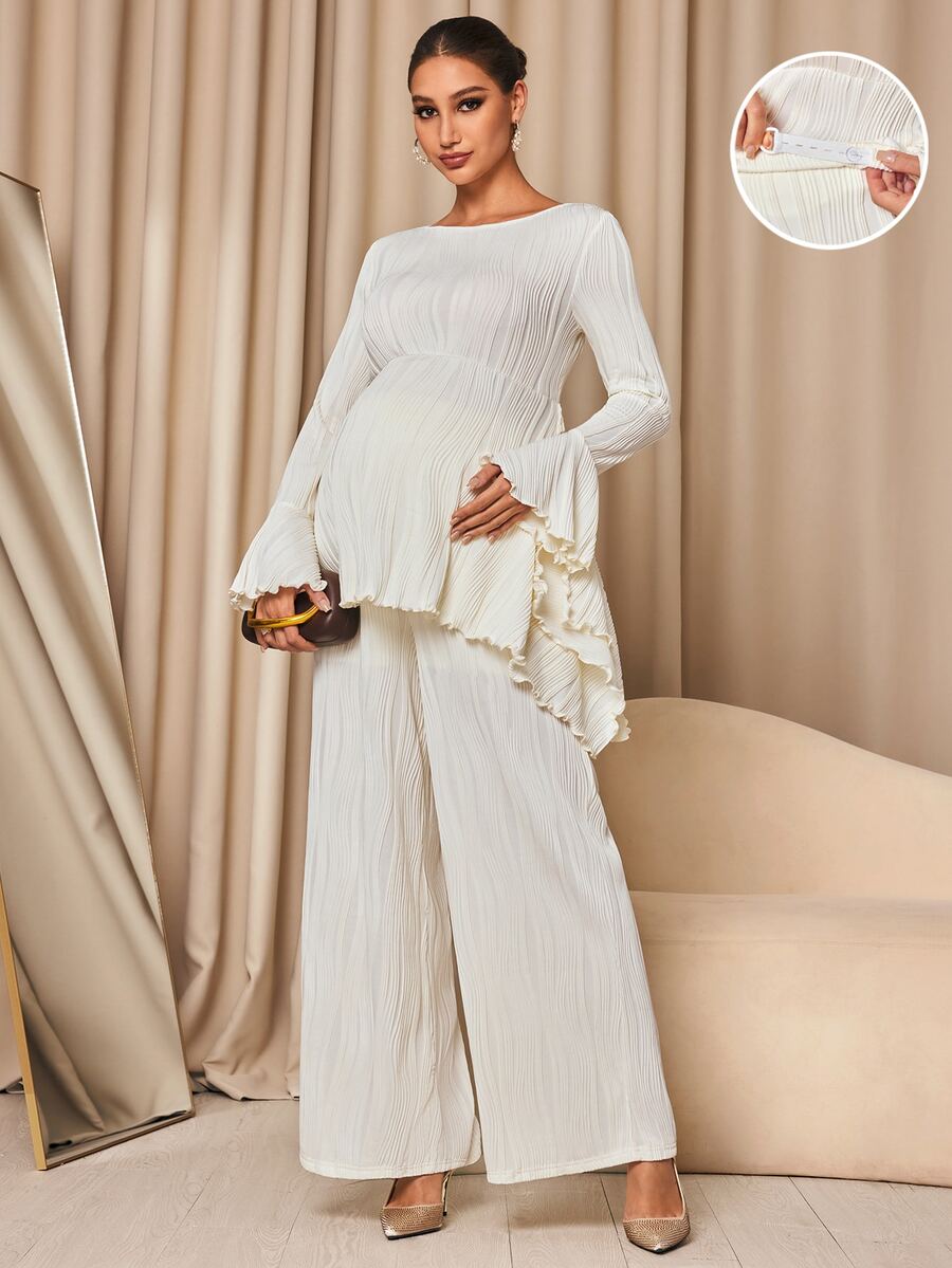 MaterniChic Round Neck Long Sleeve Asymmetrical Hem Ruffle Solid Color Maternity 2 Pieces Set - Apricot - View 1