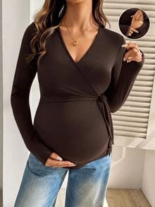 SHEIN 孕婦純色側結休閒哺乳上衣 - 咖啡棕 - 查看 1