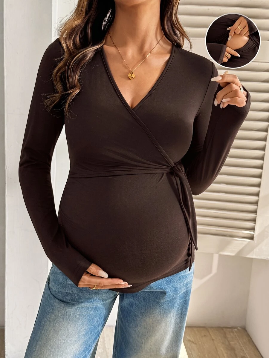 SHEIN 孕婦純色側結休閒哺乳上衣 - 咖啡棕 - 查看 1