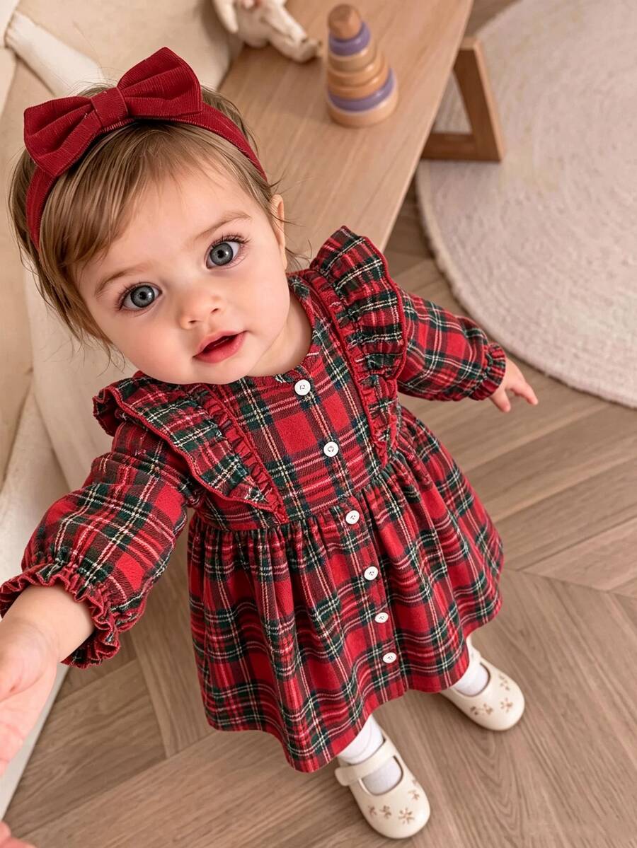 SHEIN 2pcs Gaun Bayi Perempuan Motif Kotak-kotak Berkerut Manis Elegan Merah Hijau dengan Pita dan Bando Lengan Panjang Leher Bulat Gaun Pesta Musim Dingin Kancing Depan - Merah - View 1