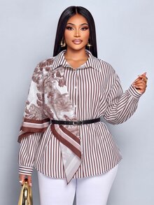 SOLERSUN Plus Size Fall Luxury Commuter Brunch Office Mid-Length Long Sleeve Shirt Turn-Down Collar Button-Up Striped Scarf Print Teacher's Day All White - Coffee Brown - View 1