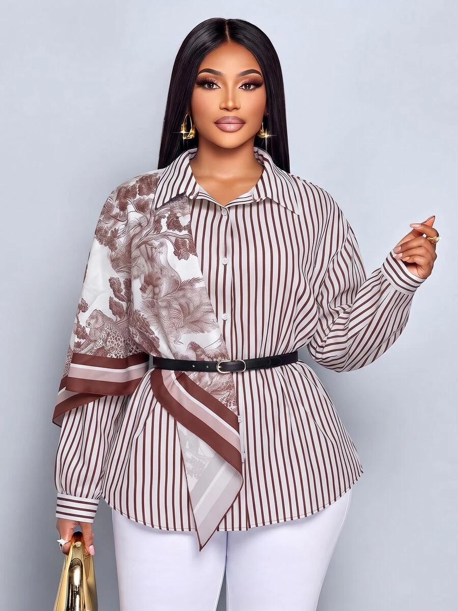 SOLERSUN Plus Size Fall Luxury Commuter Brunch Office Mid-Length Long Sleeve Shirt Turn-Down Collar Button-Up Striped Scarf Print Teacher's Day All White - Coffee Brown - View 1