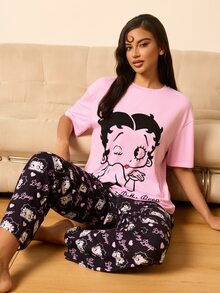 Betty Boop x SHEIN Women's Cartoon Print Short Sleeve Top And Long Pants Casual Daily Home Pajama Set - Pink - View 8