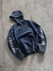 AXEPEAK 男士水洗印花連帽藍色長袖上衣 - 藍色 - 查看 1