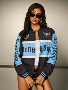 Betty Boop x SHEIN Women's Long Sleeve Single-Breasted Casual Baseball Jacket - Black - View 2