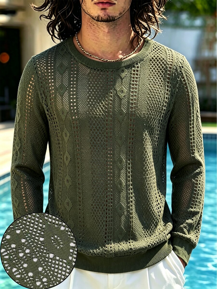 TONEVAULT Men's Spring/Autumn Army Green Hollow Crochet Round Neck Knit Sweater, Thin Long Sleeve Textured Pullover Casual Top - Green - View 1