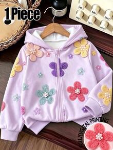 1 Pc Young Girls Fall Style Floral Print Zip-Up Sweatshirt, Casual Fall Clothes - Multicolor - View 1