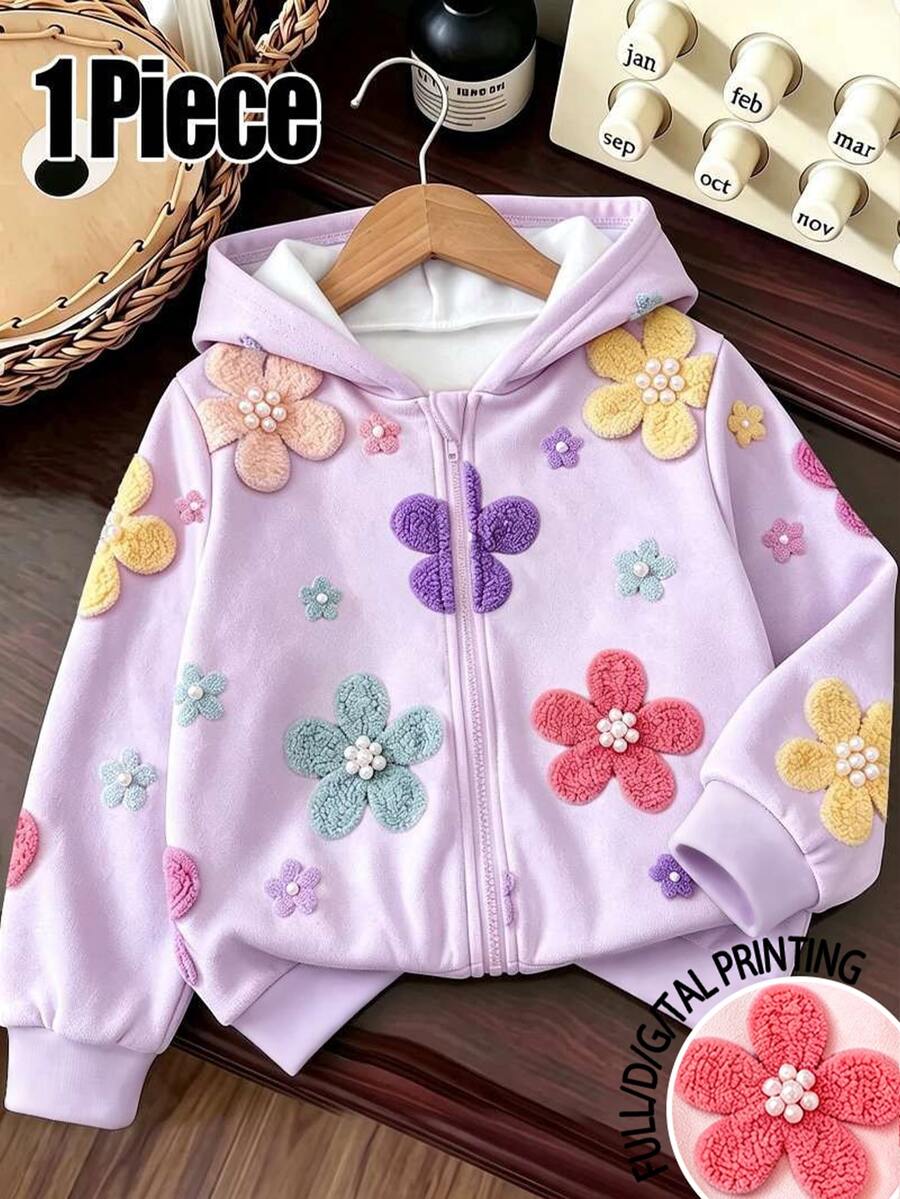 1 Pc Young Girls Fall Style Floral Print Zip-Up Sweatshirt, Casual Fall Clothes - Multicolor - View 1